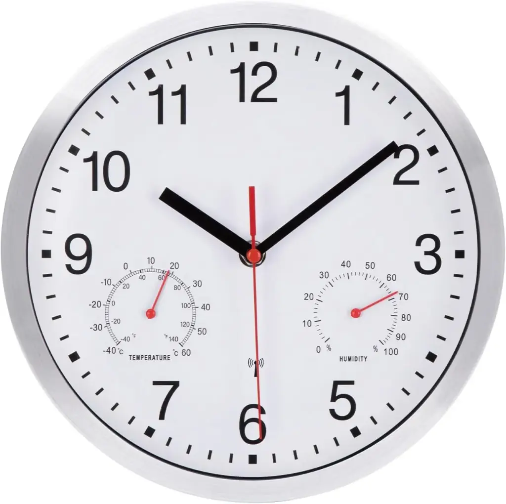 VINILITE Orologio da Parete Radiocontrollato di Alta Precisione con termometro e igrometro Orologio da Parete Moderno Silenzioso per Cucina, Ufficio, Camera da letto, Versione Aggiornata 